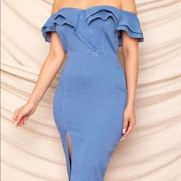 Rethm Dresses | Light Blue Denim Midi Dress Ruffle Detail | Color: Blue | Size: S | Lory4816's Closet Rethm Dresses | Light Blue Denim Midi Dress Ruffle Detail | Color: Blue | Size: S | Lory4816's Closet
